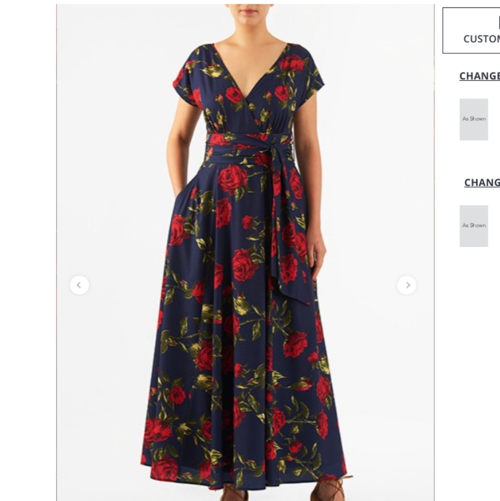 eShakti Sash Tie Rose Print Crepe Maxi Dress